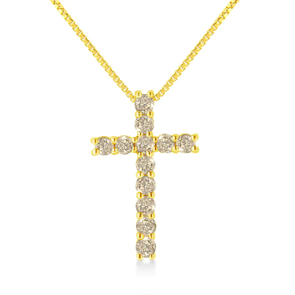 10K Yellow Gold-Plated .925 Sterling Silver 1/2 Cttw Champagne Diamond Cross 18" Pendant Necklace