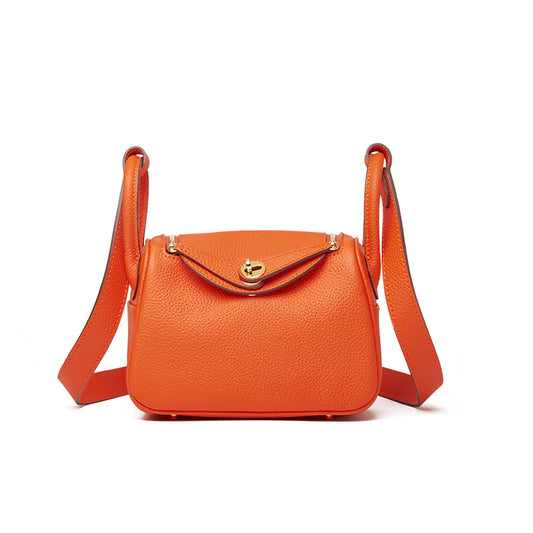 Elegant lychee-pattern cowhide leather messenger bag in orange