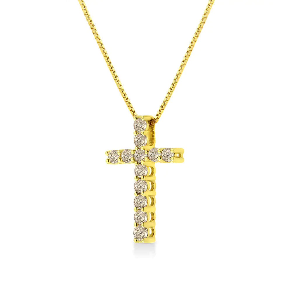 10K Yellow Gold-Plated .925 Sterling Silver 1/2 Cttw Champagne Diamond Cross 18" Pendant Necklace