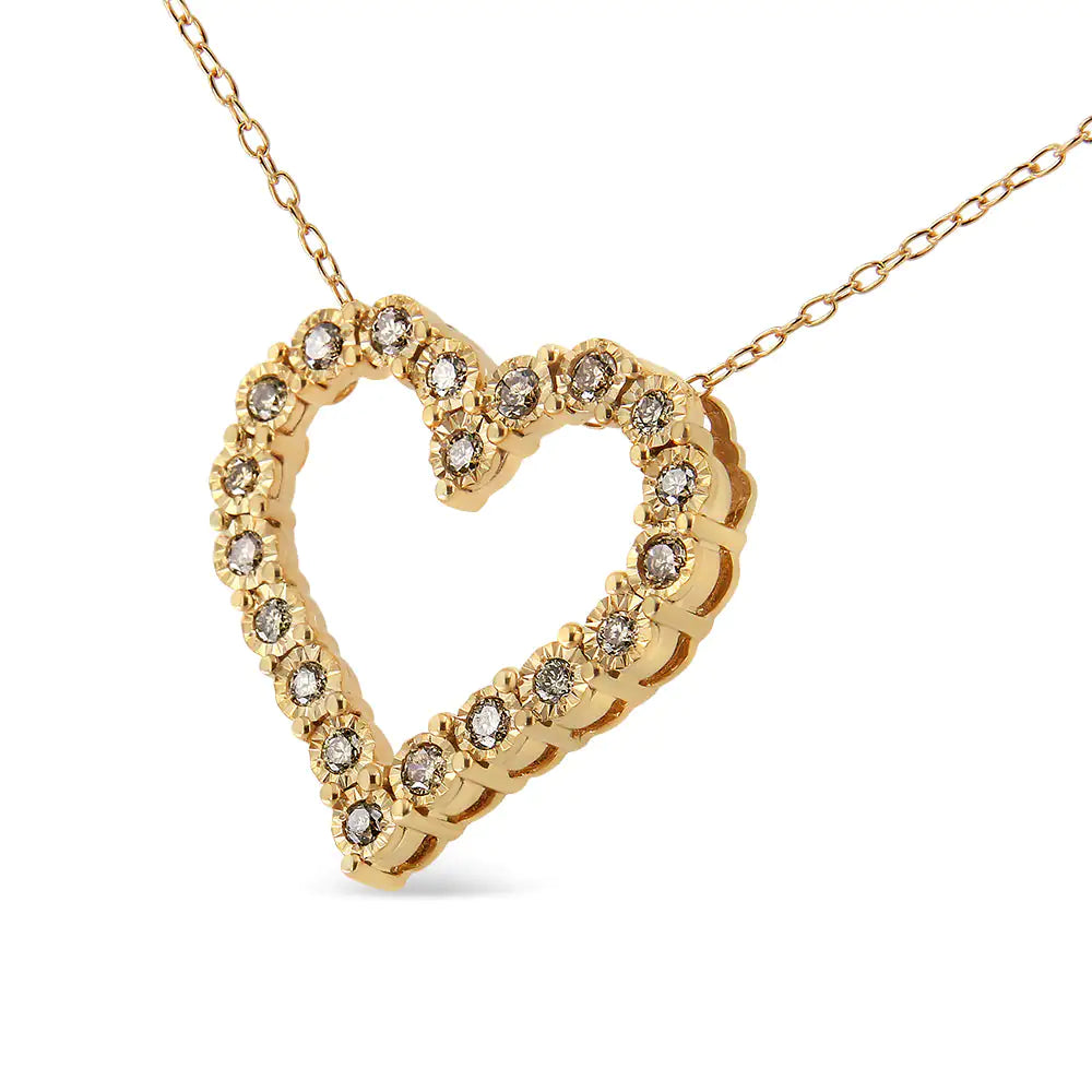 10K Yellow Gold Flashed .925 Sterling Silver 1/2 Cttw Champagne Diamond Miracle Plate Heart Pendant Necklace - 18"