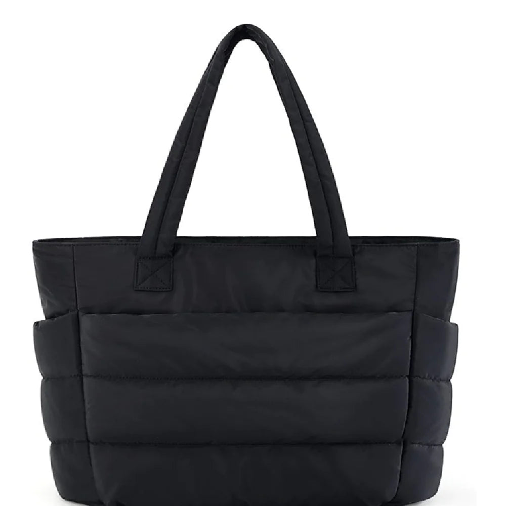 Nylon Chic Tote in black, featuring high-quality nylon with a durable polyester lining. Ideal for everyday use and travel.