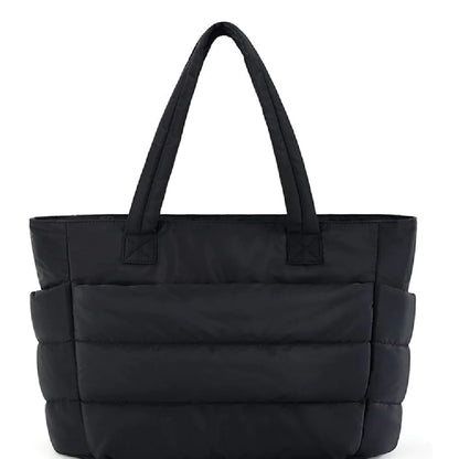 Nylon Chic Tote in black, featuring high-quality nylon with a durable polyester lining. Ideal for everyday use and travel.