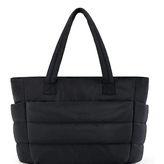 Nylon Chic Tote in black, featuring high-quality nylon with a durable polyester lining. Ideal for everyday use and travel.