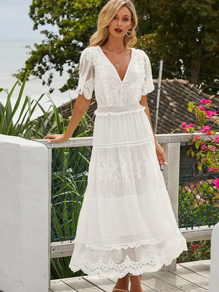 Lace Elegance White Maxi Dress – Stylish & Comfortable Women's Summer Dress