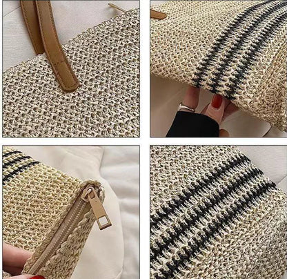 Striped Crochet Straw Bag – Stylish & Spacious Summer Tote