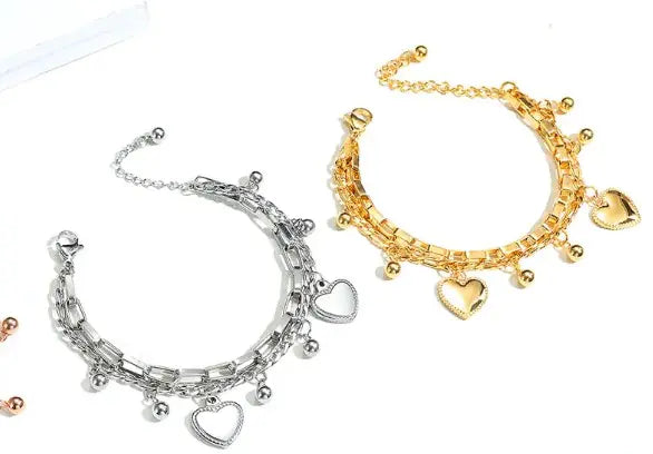 Stylish Multi-Layer Love Heart Bead Bracelet in Steel