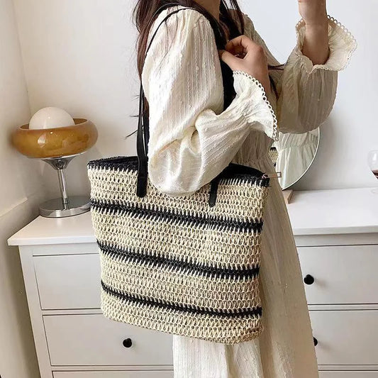 Handwoven striped straw bag