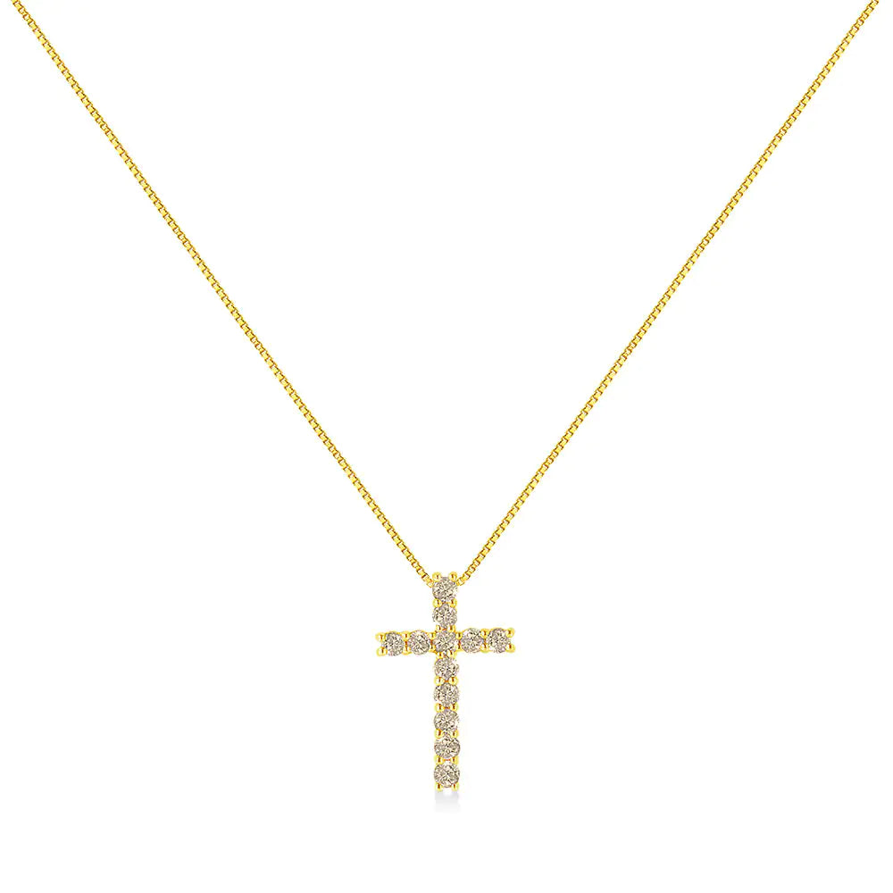 10K Yellow Gold-Plated .925 Sterling Silver 1/2 Cttw Champagne Diamond Cross 18" Pendant Necklace