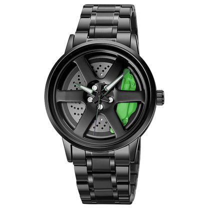 Sporty car wheel wristwatch in LT01 Green