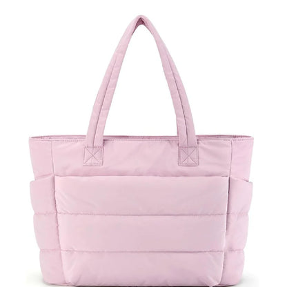 Nylon Chic Tote in pink, featuring high-quality nylon with a durable polyester lining. Ideal for everyday use and travel.